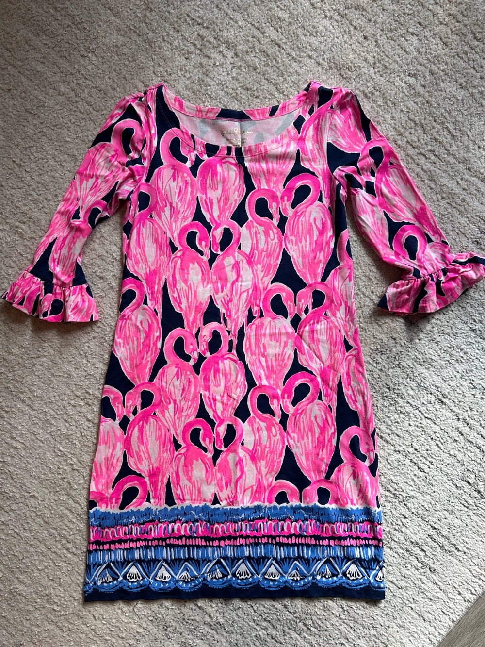 Lilly Pulitzer Pink Flamingo Print Dress with Navy Accents